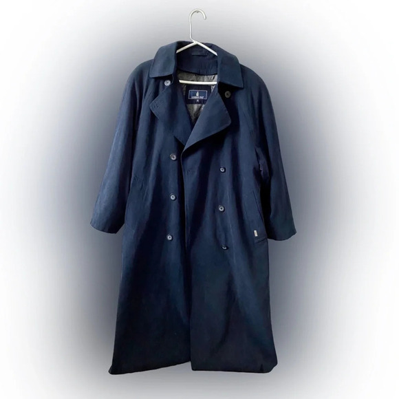 LONDON Fog Navy Blue Classic Double-Breasted Vintage Trench Coat Size 12P - Picture 1 of 17